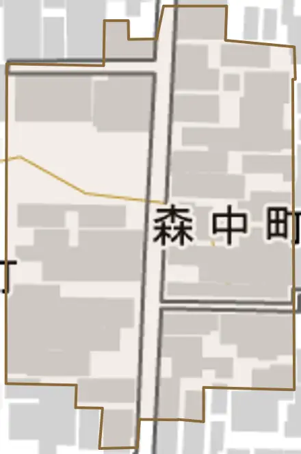 森中町とその周辺の地図。町の範囲を重ねている