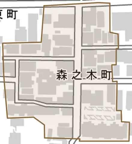 森之木町とその周辺の地図。町の範囲を重ねている