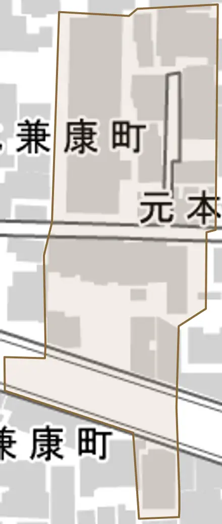 元本満寺町とその周辺の地図。町の範囲を重ねている
