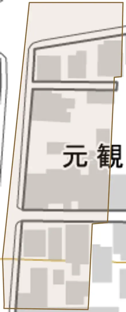 元観音町とその周辺の地図。町の範囲を重ねている