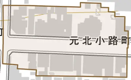 元北小路町とその周辺の地図。町の範囲を重ねている