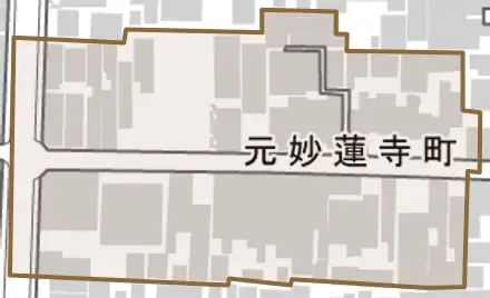 元妙蓮寺町とその周辺の地図。町の範囲を重ねている