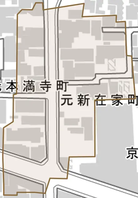 元新在家町とその周辺の地図。町の範囲を重ねている