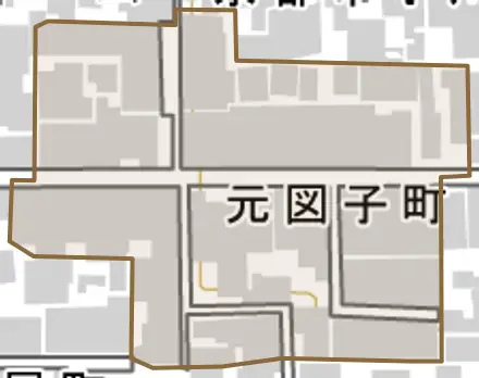 元図子町とその周辺の地図。町の範囲を重ねている