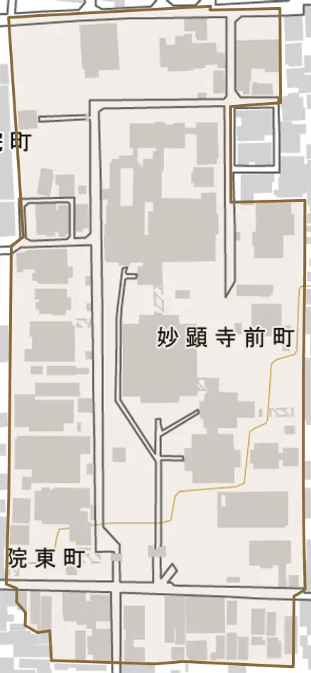 妙顕寺前町とその周辺の地図。町の範囲を重ねている