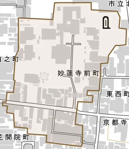 妙蓮寺前町とその周辺の地図。町の範囲を重ねている