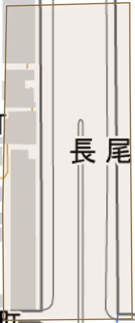 長尾町とその周辺の地図。町の範囲を重ねている