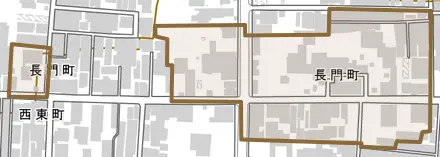 長門町とその周辺の地図。町の範囲を重ねている