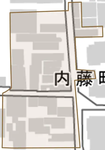 内藤町とその周辺の地図。町の範囲を重ねている