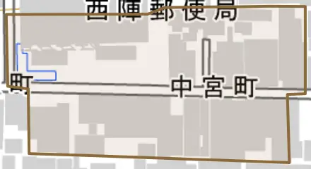 中宮町とその周辺の地図。町の範囲を重ねている