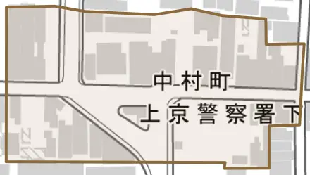 中村町とその周辺の地図。町の範囲を重ねている