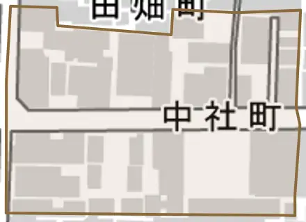 中社町とその周辺の地図。町の範囲を重ねている