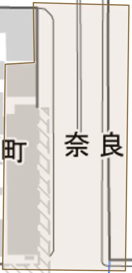 奈良物町とその周辺の地図。町の範囲を重ねている