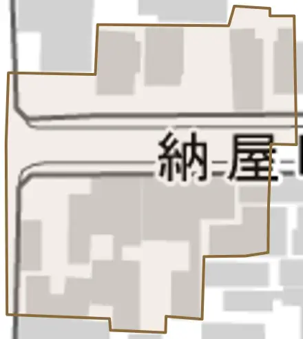 納屋町とその周辺の地図。町の範囲を重ねている