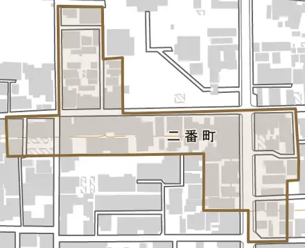 二番町とその周辺の地図。町の範囲を重ねている