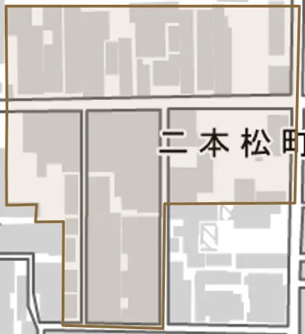 二本松町とその周辺の地図。町の範囲を重ねている