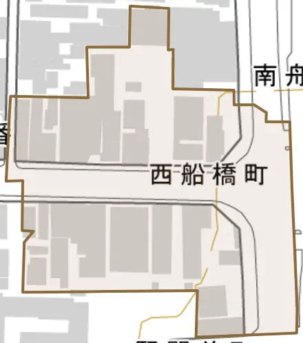 西船橋町とその周辺の地図。町の範囲を重ねている