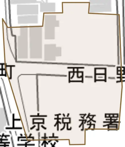 西日野殿町とその周辺の地図。町の範囲を重ねている