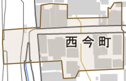 西今町とその周辺の地図。町の範囲を重ねている