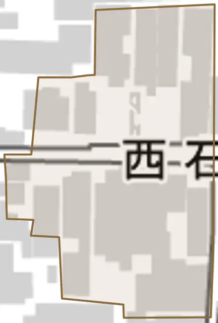 西石屋町とその周辺の地図。町の範囲を重ねている