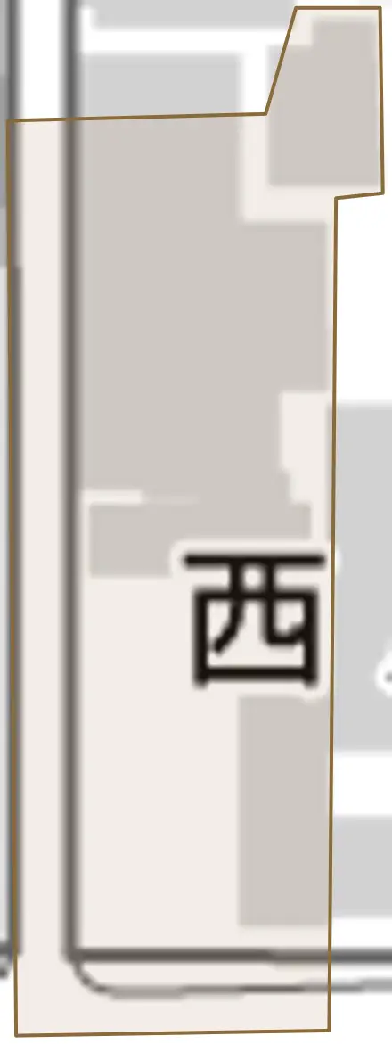 西川端町とその周辺の地図。町の範囲を重ねている