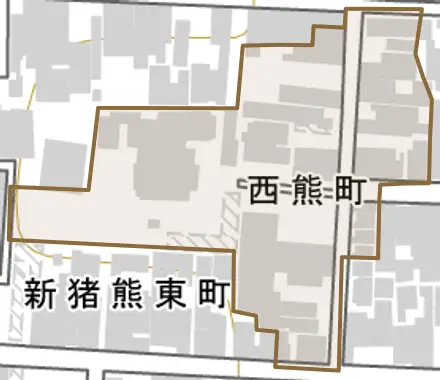 西熊町とその周辺の地図。町の範囲を重ねている