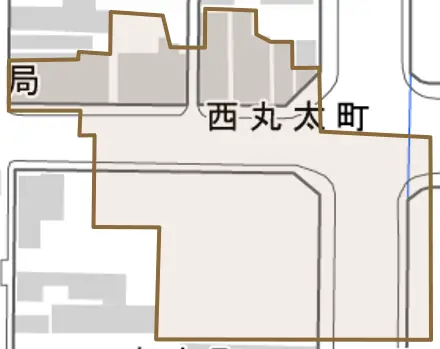 西丸太町とその周辺の地図。町の範囲を重ねている