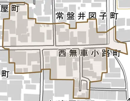 西無車小路町とその周辺の地図。町の範囲を重ねている