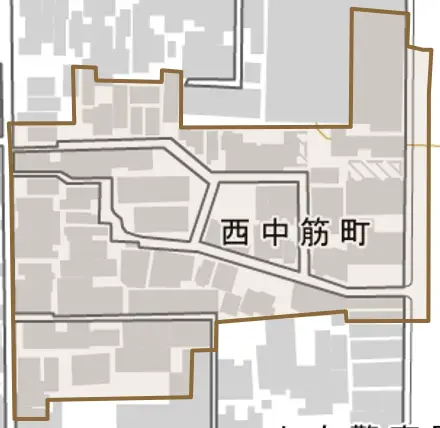 西中筋町とその周辺の地図。町の範囲を重ねている