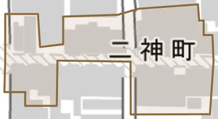 二神町とその周辺の地図。町の範囲を重ねている