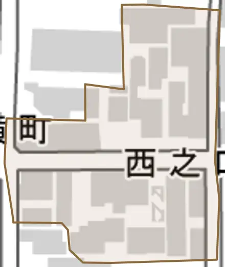 西之口町とその周辺の地図。町の範囲を重ねている