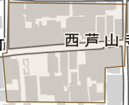 西芦山寺町とその周辺の地図。町の範囲を重ねている