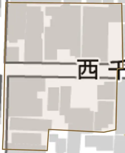 西千本町とその周辺の地図。町の範囲を重ねている