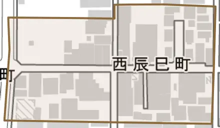 西辰巳町とその周辺の地図。町の範囲を重ねている