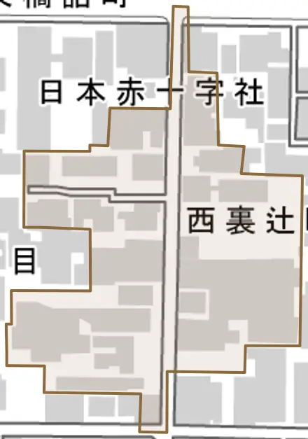 西裏辻町とその周辺の地図。町の範囲を重ねている