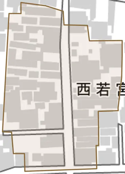 西若宮北半町とその周辺の地図。町の範囲を重ねている