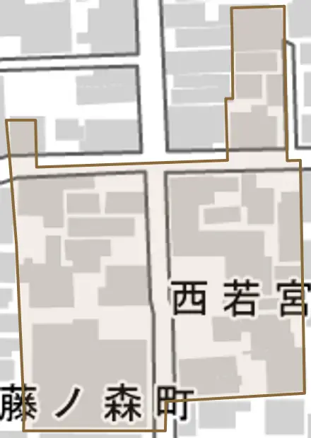 西若宮南半町とその周辺の地図。町の範囲を重ねている