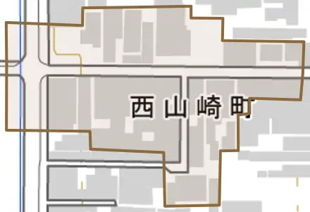 西山崎町とその周辺の地図。町の範囲を重ねている