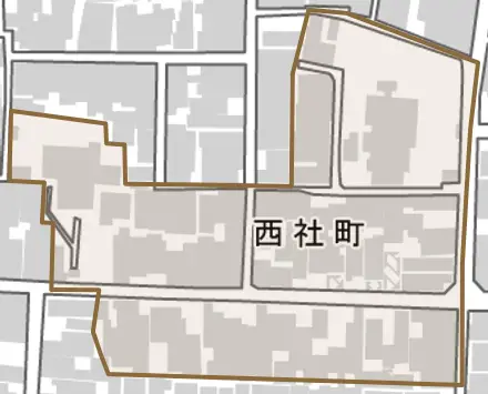 西社町とその周辺の地図。町の範囲を重ねている