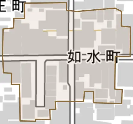 如水町とその周辺の地図。町の範囲を重ねている