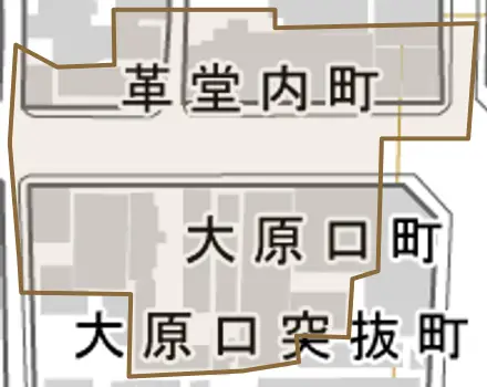 大原口町とその周辺の地図。町の範囲を重ねている