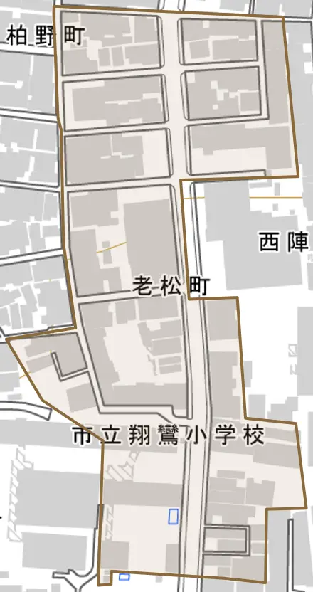 老松町とその周辺の地図。町の範囲を重ねている