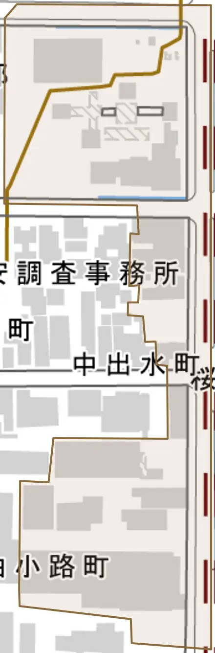桜鶴円町とその周辺の地図。町の範囲を重ねている