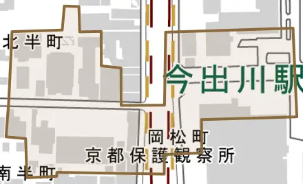 岡松町とその周辺の地図。町の範囲を重ねている