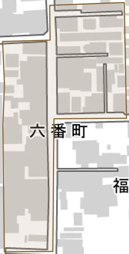 六番町とその周辺の地図。町の範囲を重ねている