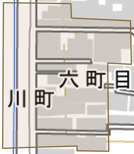 六町目とその周辺の地図。町の範囲を重ねている