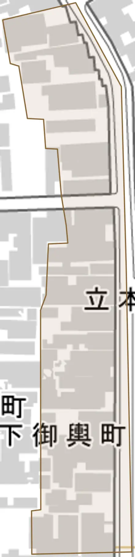 立本寺前町とその周辺の地図。町の範囲を重ねている