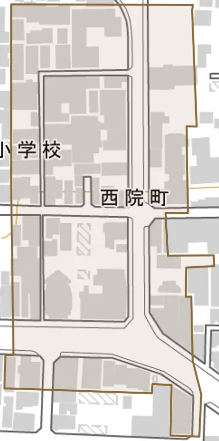西院町とその周辺の地図。町の範囲を重ねている