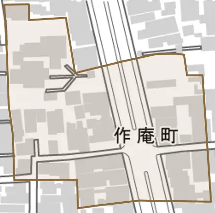 作庵町とその周辺の地図。町の範囲を重ねている