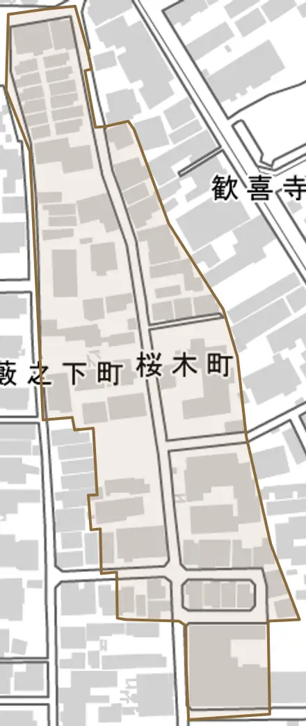 桜木町とその周辺の地図。町の範囲を重ねている